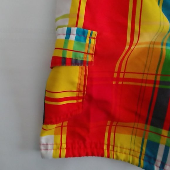 OP Boys Bright Red Yellow Tartan Plaid Swim Trunks - Picture 6 of 7